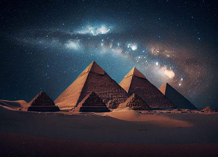 Pyramids in Egypt with stars in the sky